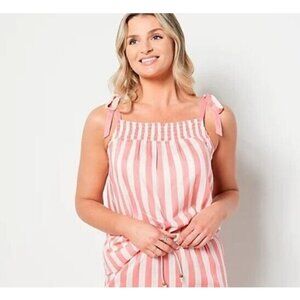 Candace Cameron Bure Printed Tie- Strap Smocked Woven Tank Blossom Stripe,XS